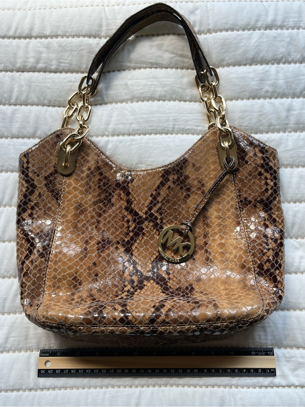 Michael Kors Tan Brown Python-Print Shoulder Bag with Gold Chain Handles - Picture 3 of 4